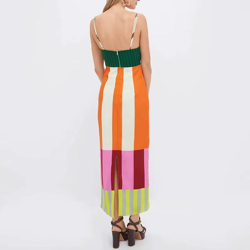 Bohemian Contrast Striped Print Strap V-Neck Backless Hollow Split Maxi Dress