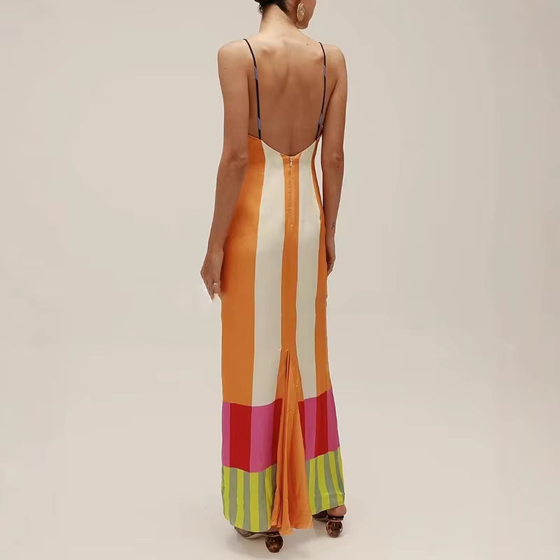 Bohemian Contrast Striped Print Strap V-Neck Backless Hollow Split Maxi Dress