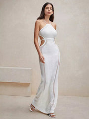Bohemian Cutout Spaghetti Straps Backless Knitted Maxi Dress