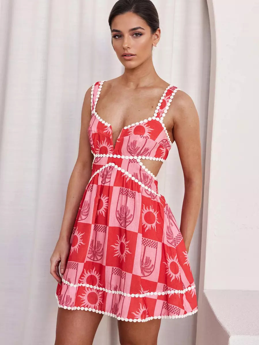 Bohemian Cutout Waist And V-Neck Printed Sleeveless A-line Mini Dress