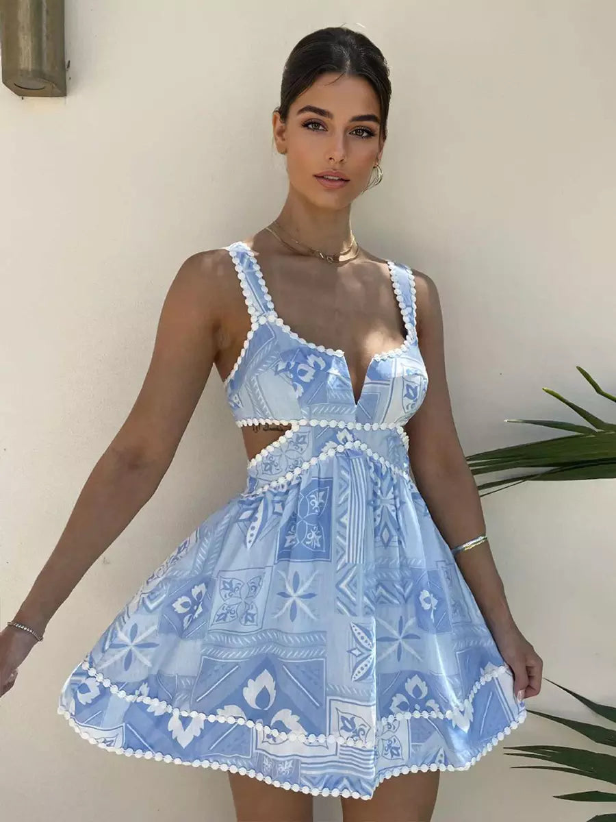 Bohemian Cutout Waist And V-Neck Printed Sleeveless A-line Mini Dress