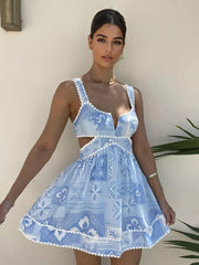 Bohemian Cutout Waist And V-Neck Printed Sleeveless A-line Mini Dress