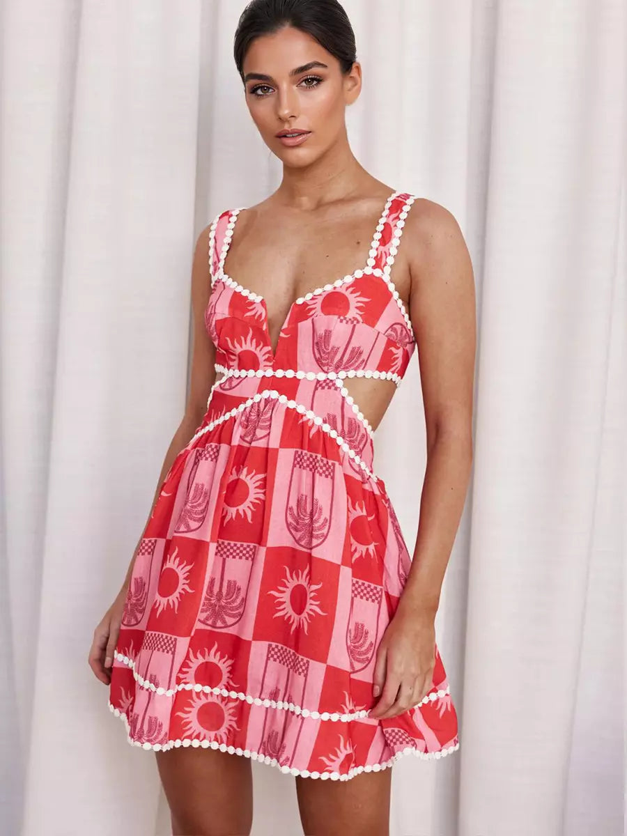 Bohemian Cutout Waist And V-Neck Printed Sleeveless A-line Mini Dress