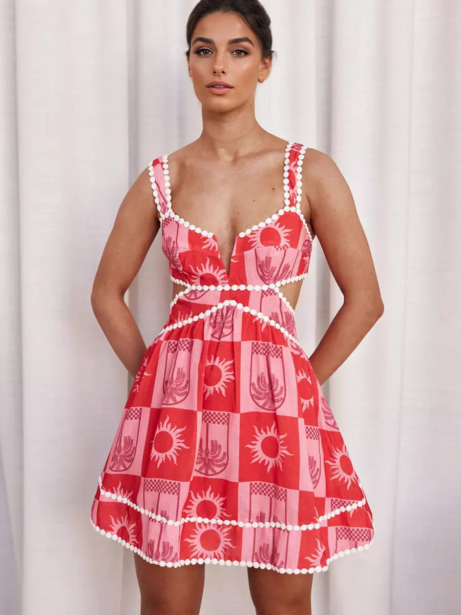 Bohemian Cutout Waist And V-Neck Printed Sleeveless A-line Mini Dress