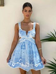Bohemian Cutout Waist And V-Neck Printed Sleeveless A-line Mini Dress