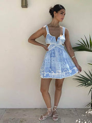 Bohemian Cutout Waist And V-Neck Printed Sleeveless A-line Mini Dress