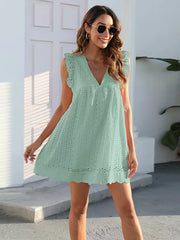 Bohemian Eyelet Lace Ruffled Sleeve V-neck Cut-Outs Mini Shift Dress