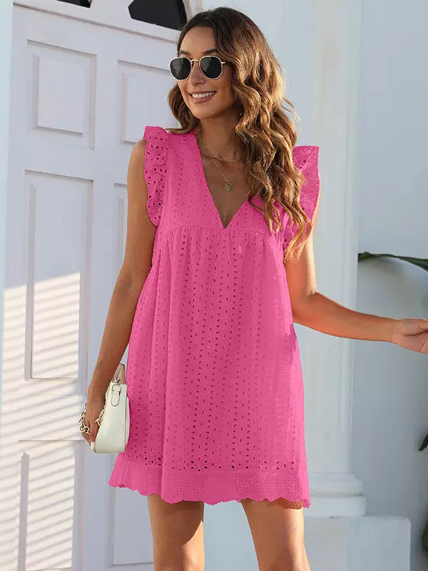 Bohemian Eyelet Lace Ruffled Sleeve V-neck Cut-Outs Mini Shift Dress