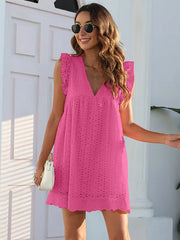 Bohemian Eyelet Lace Ruffled Sleeve V-neck Cut-Outs Mini Shift Dress