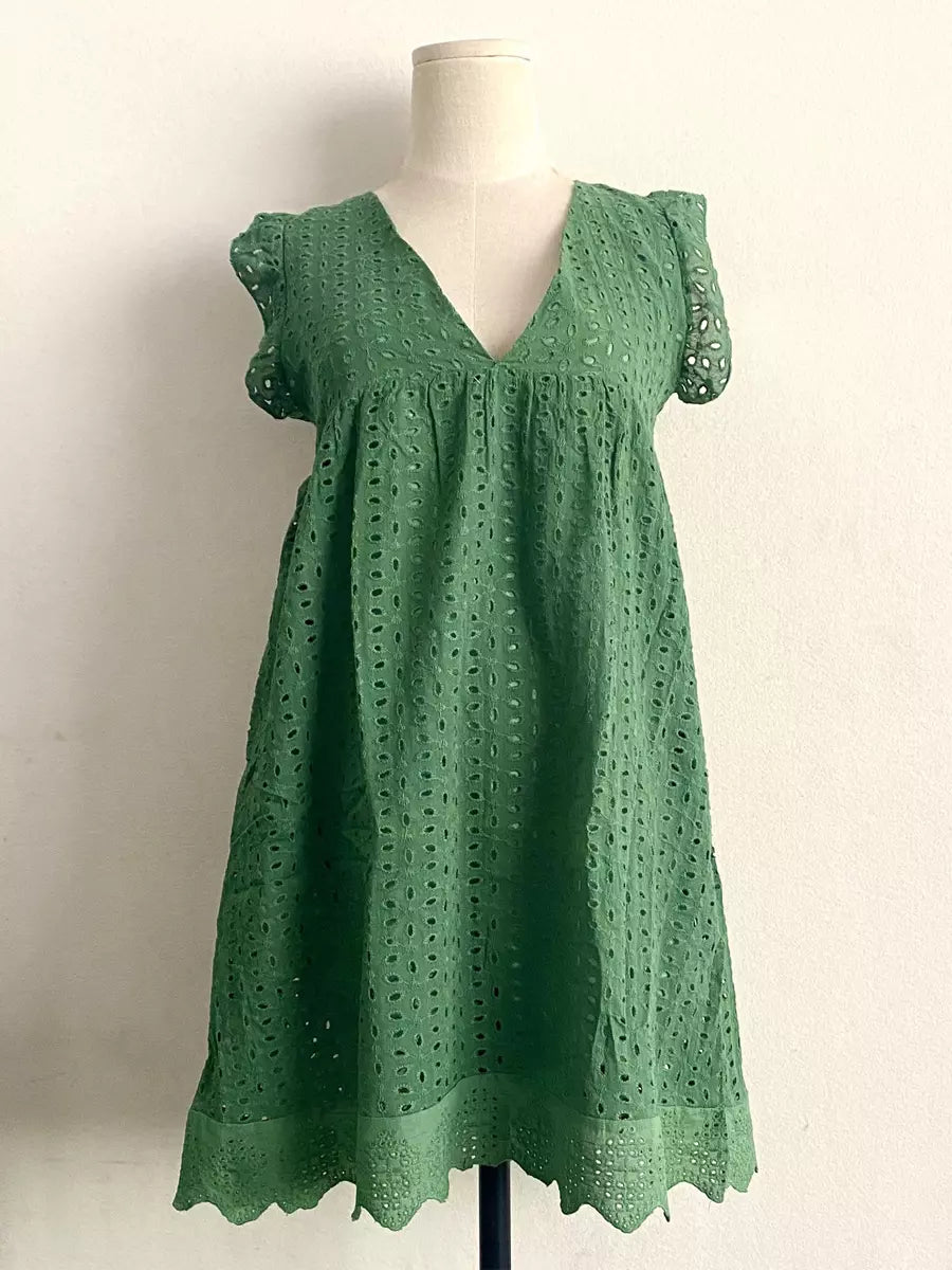Bohemian Eyelet Lace Ruffled Sleeve V-neck Cut-Outs Mini Shift Dress