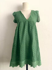 Bohemian Eyelet Lace Ruffled Sleeve V-neck Cut-Outs Mini Shift Dress