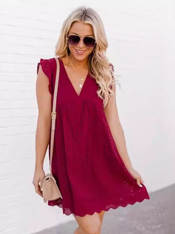 Bohemian Eyelet Lace Ruffled Sleeve V-neck Cut-Outs Mini Shift Dress