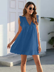 Bohemian Eyelet Lace Ruffled Sleeve V-neck Cut-Outs Mini Shift Dress