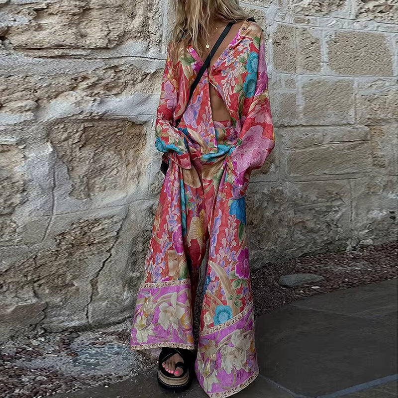 Bohemian Floral Button Shirt And Long Pants Loose Two Piece Set