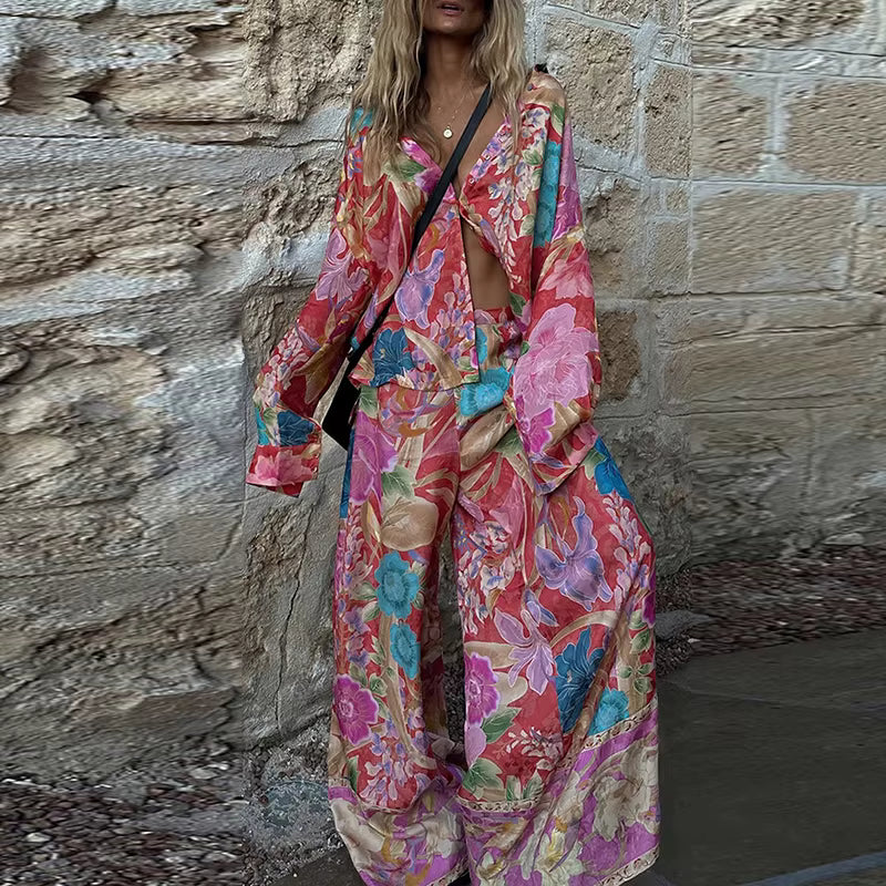 Bohemian Floral Button Shirt And Long Pants Loose Two Piece Set