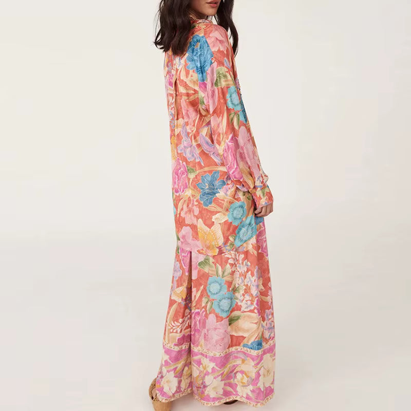 Bohemian Floral Button Shirt And Long Pants Loose Two Piece Set