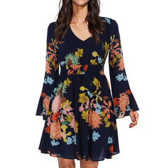 Bohemian Floral Print Long Sleeve Split Flowy Mini Elegant Dress