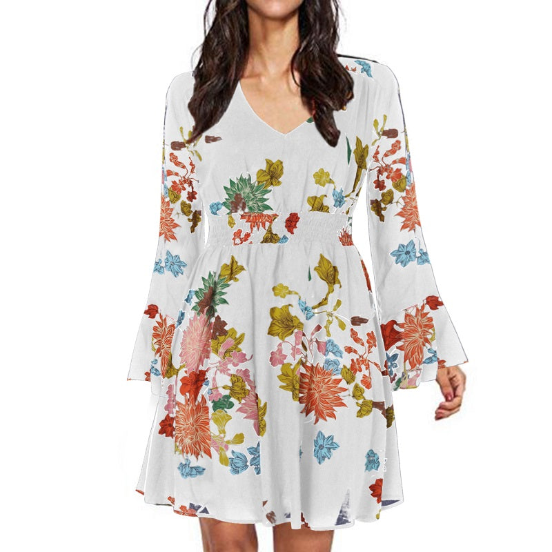 Bohemian Floral Print Long Sleeve Split Flowy Mini Elegant Dress