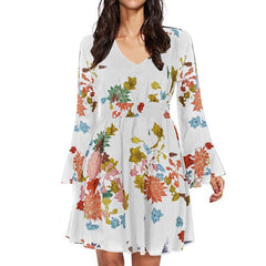 Bohemian Floral Print Long Sleeve Split Flowy Mini Elegant Dress