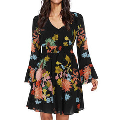 Bohemian Floral Print Long Sleeve Split Flowy Mini Elegant Dress