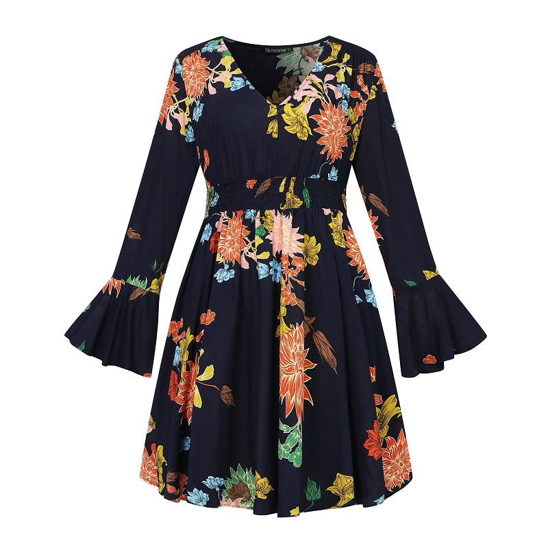 Bohemian Floral Print Long Sleeve Split Flowy Mini Elegant Dress