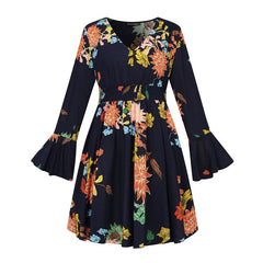 Bohemian Floral Print Long Sleeve Split Flowy Mini Elegant Dress