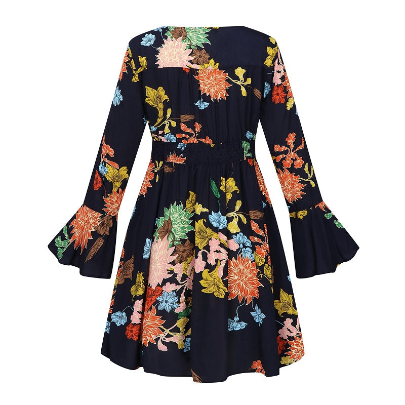 Bohemian Floral Print Long Sleeve Split Flowy Mini Elegant Dress