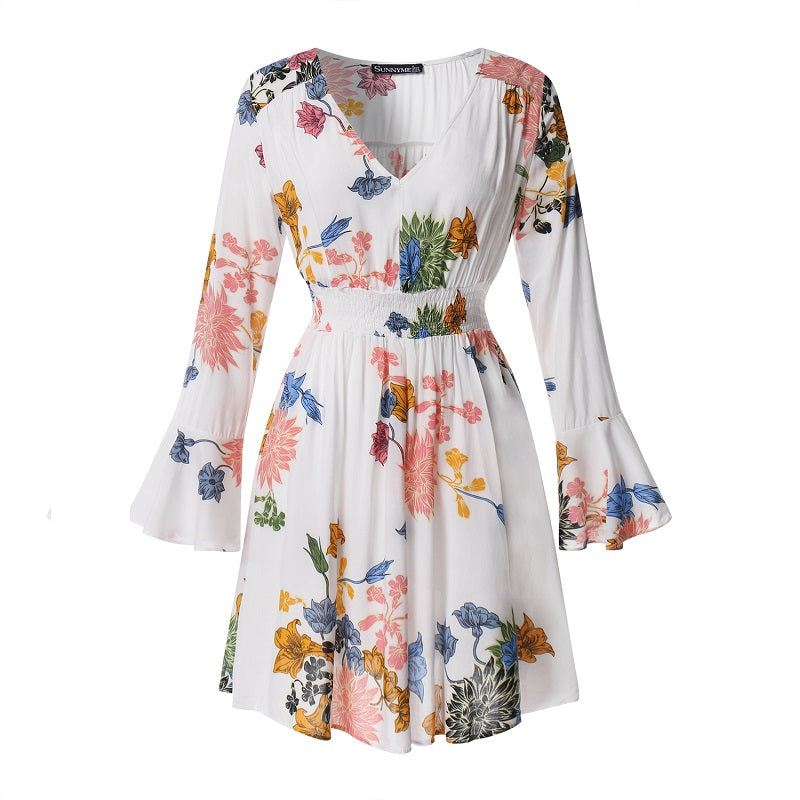 Bohemian Floral Print Long Sleeve Split Flowy Mini Elegant Dress