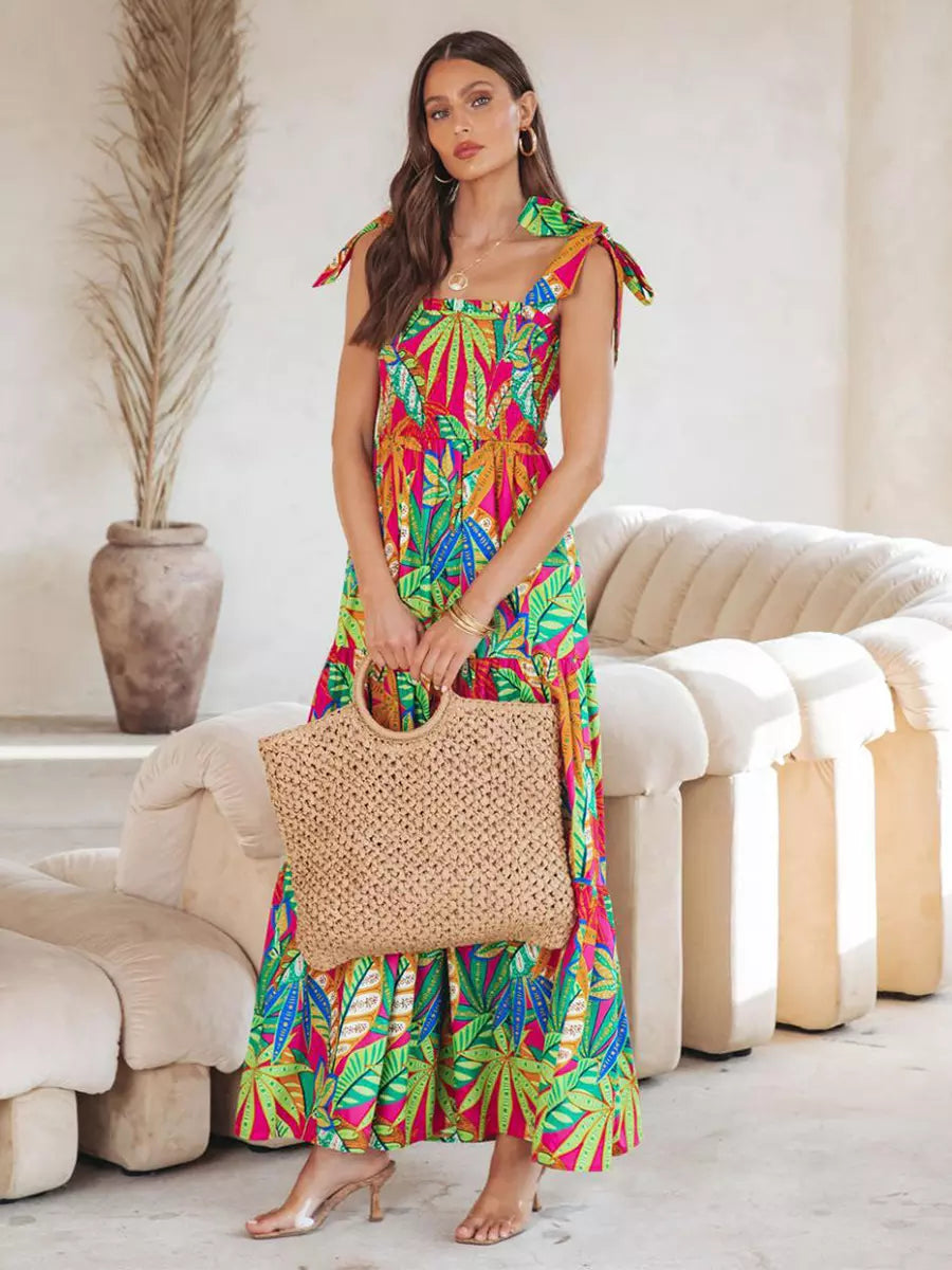 Bohemian Floral Print Shirred Backless Maxi Slip Dress Resort Wear