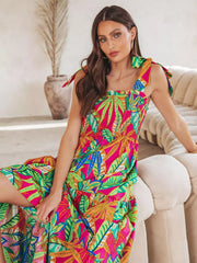 Bohemian Floral Print Shirred Backless Maxi Slip Dress Resort Wear