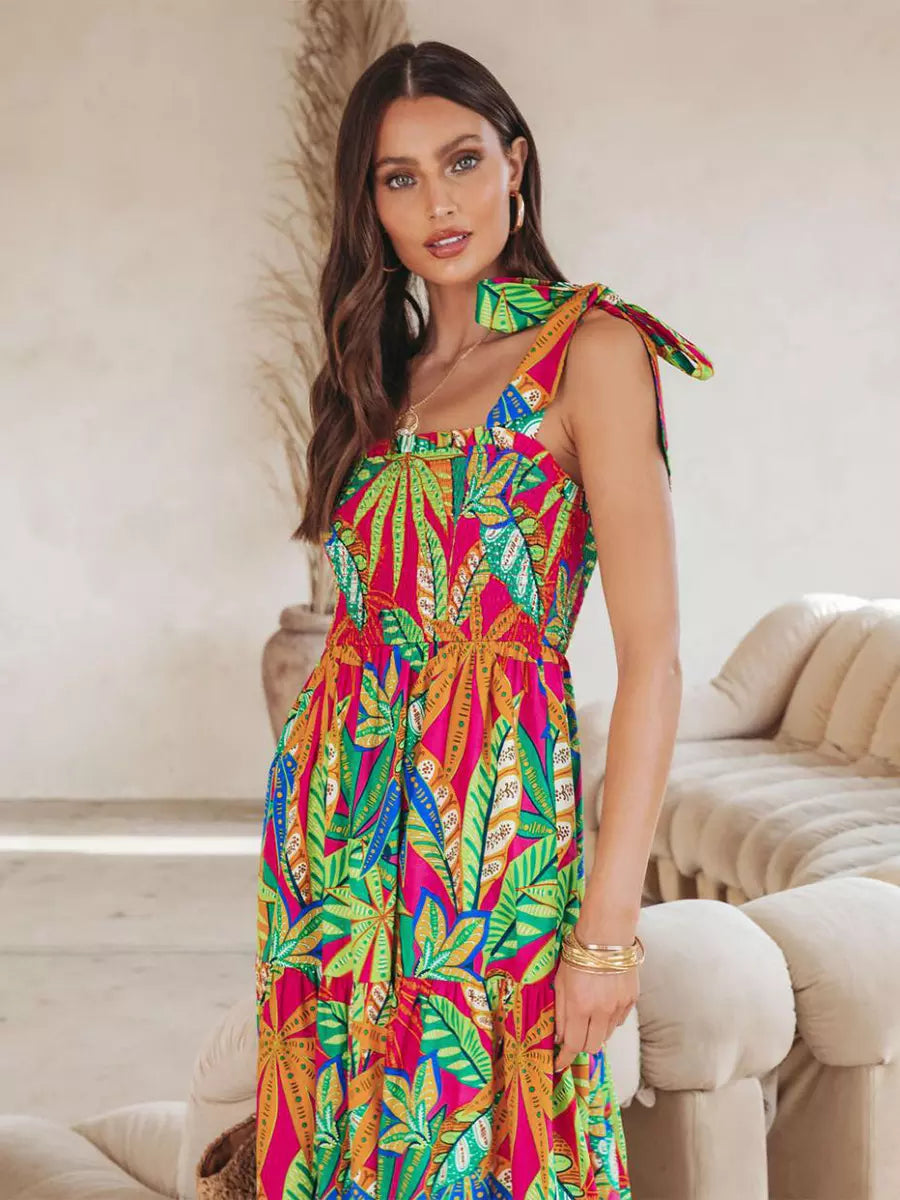 Bohemian Floral Print Shirred Backless Maxi Slip Dress Resort Wear