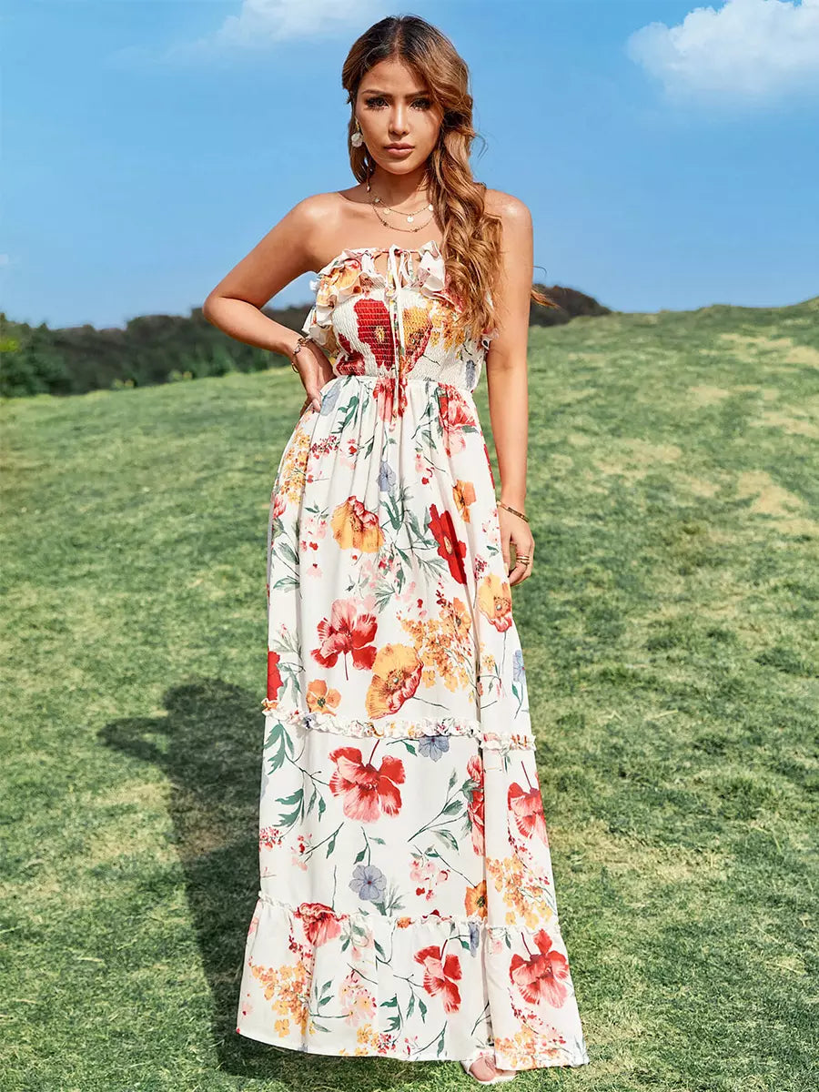 Bohemian Floral Print Sleeveless Resort Wear Maxi Dress