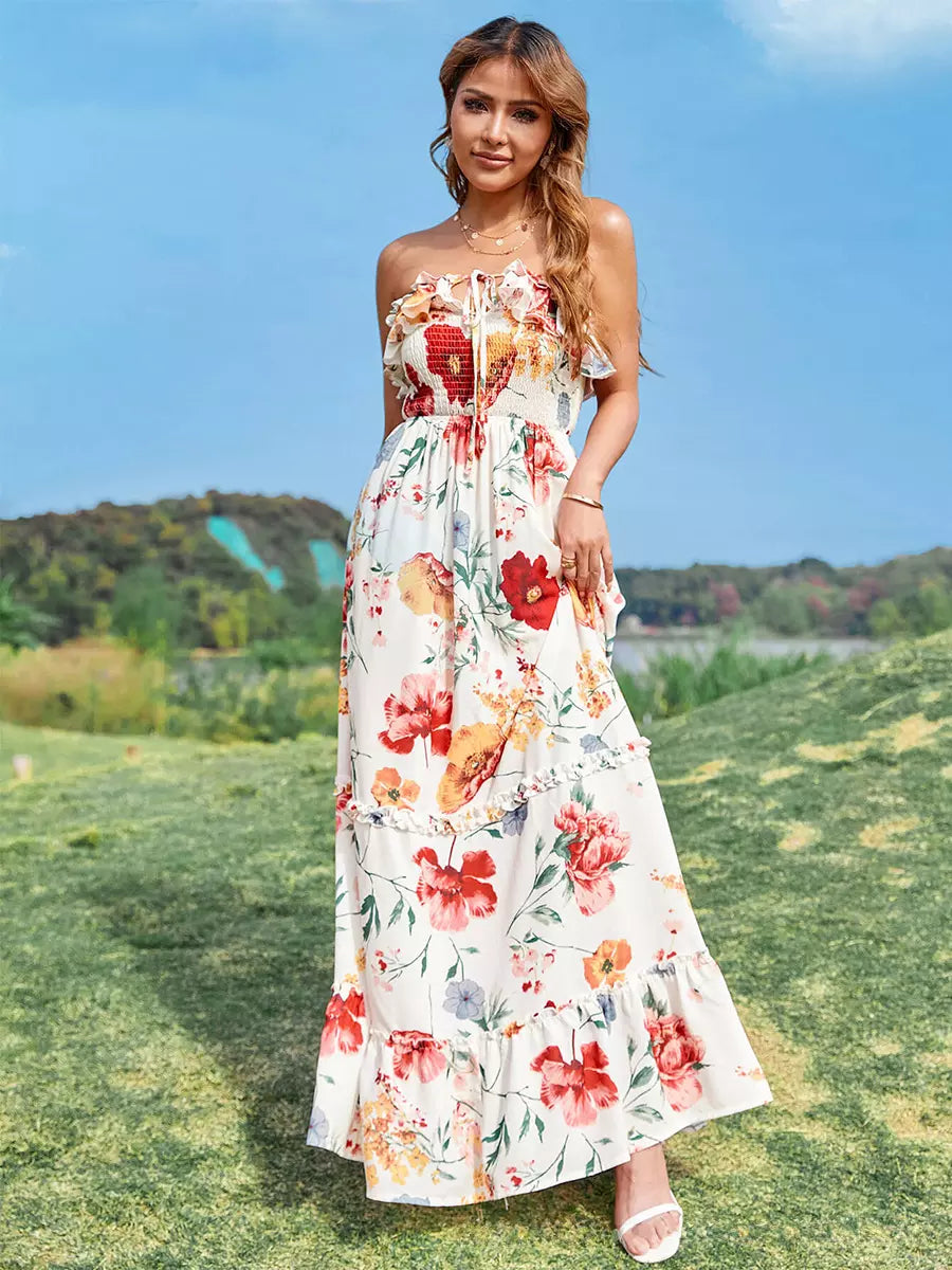 Bohemian Floral Print Sleeveless Resort Wear Maxi Dress