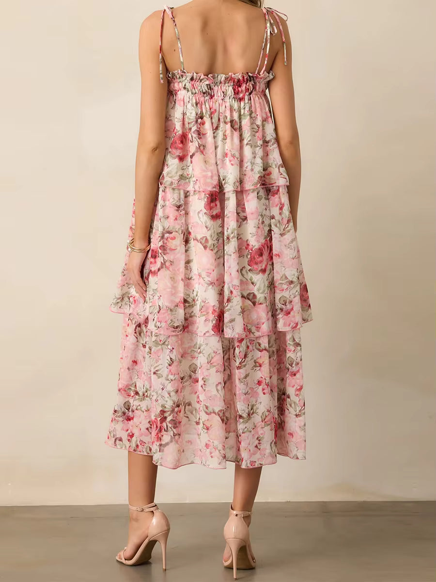 Bohemian Floral Print Sleeveless V-Neckline and Tiered Ruffle Hem Midi Dress