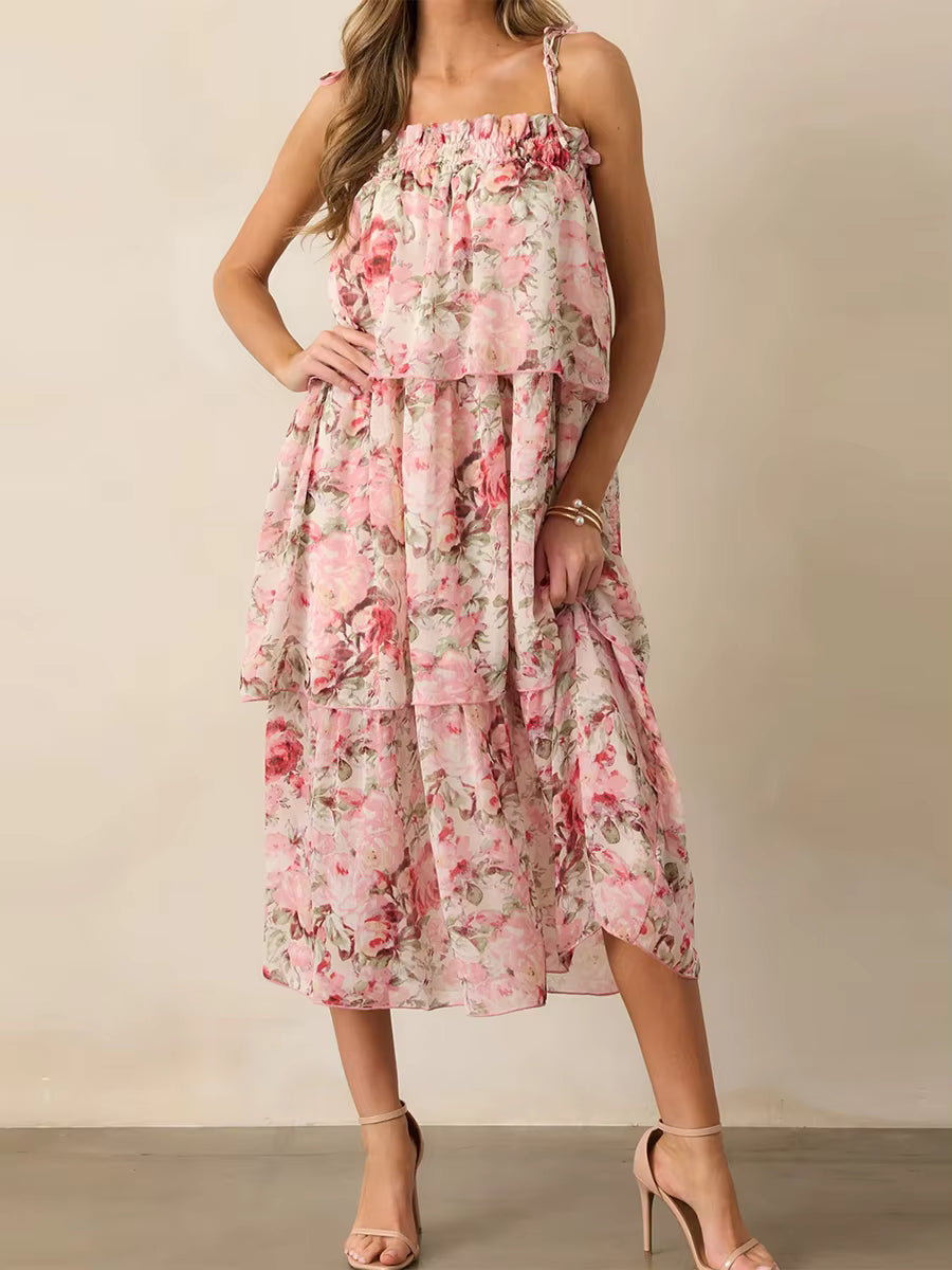 Bohemian Floral Print Sleeveless V-Neckline and Tiered Ruffle Hem Midi Dress