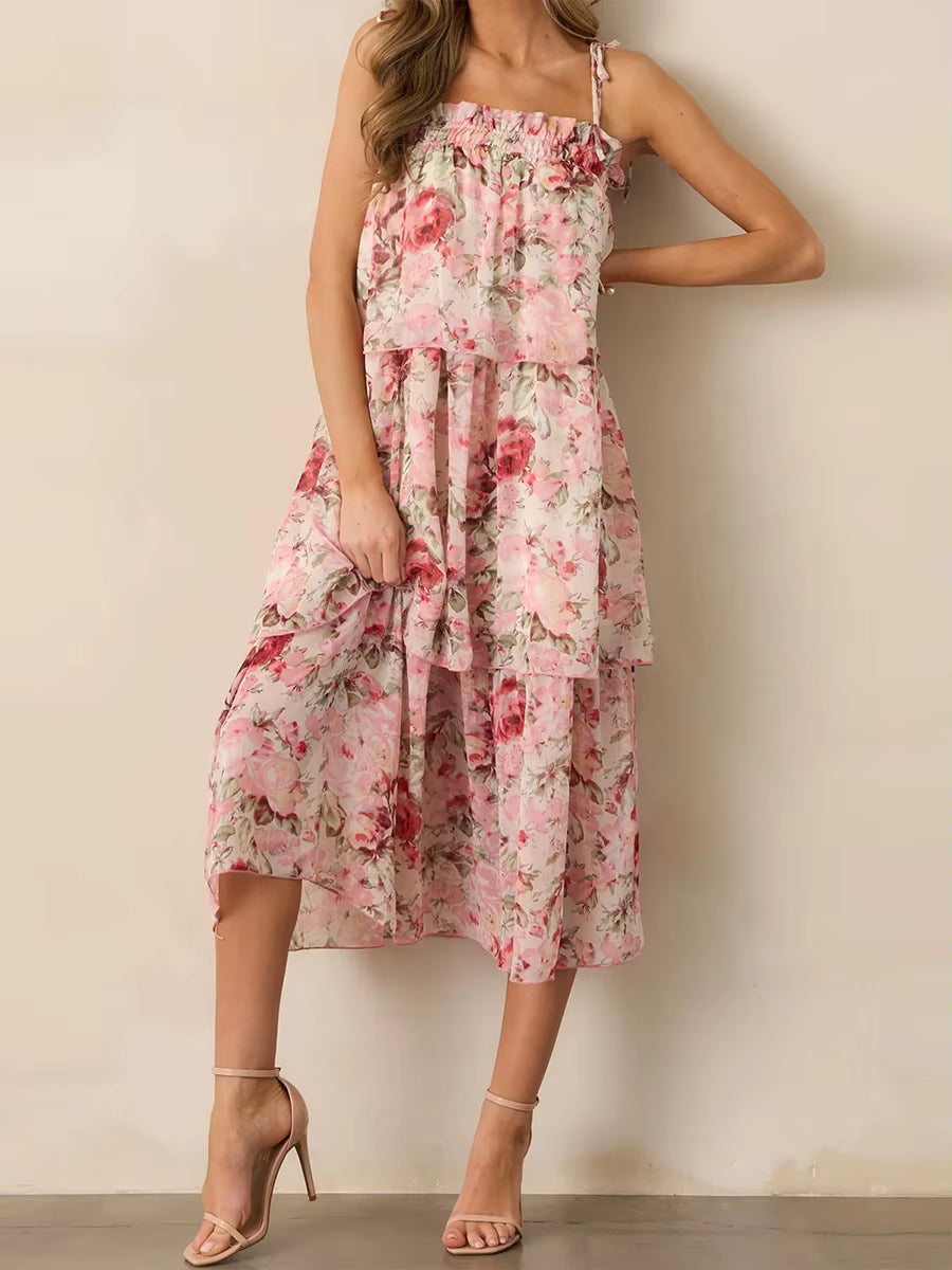 Bohemian Floral Print Sleeveless V-Neckline and Tiered Ruffle Hem Midi Dress