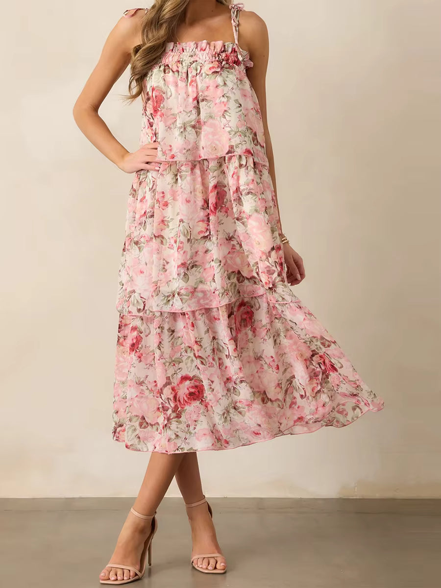 Bohemian Floral Print Sleeveless V-Neckline and Tiered Ruffle Hem Midi Dress