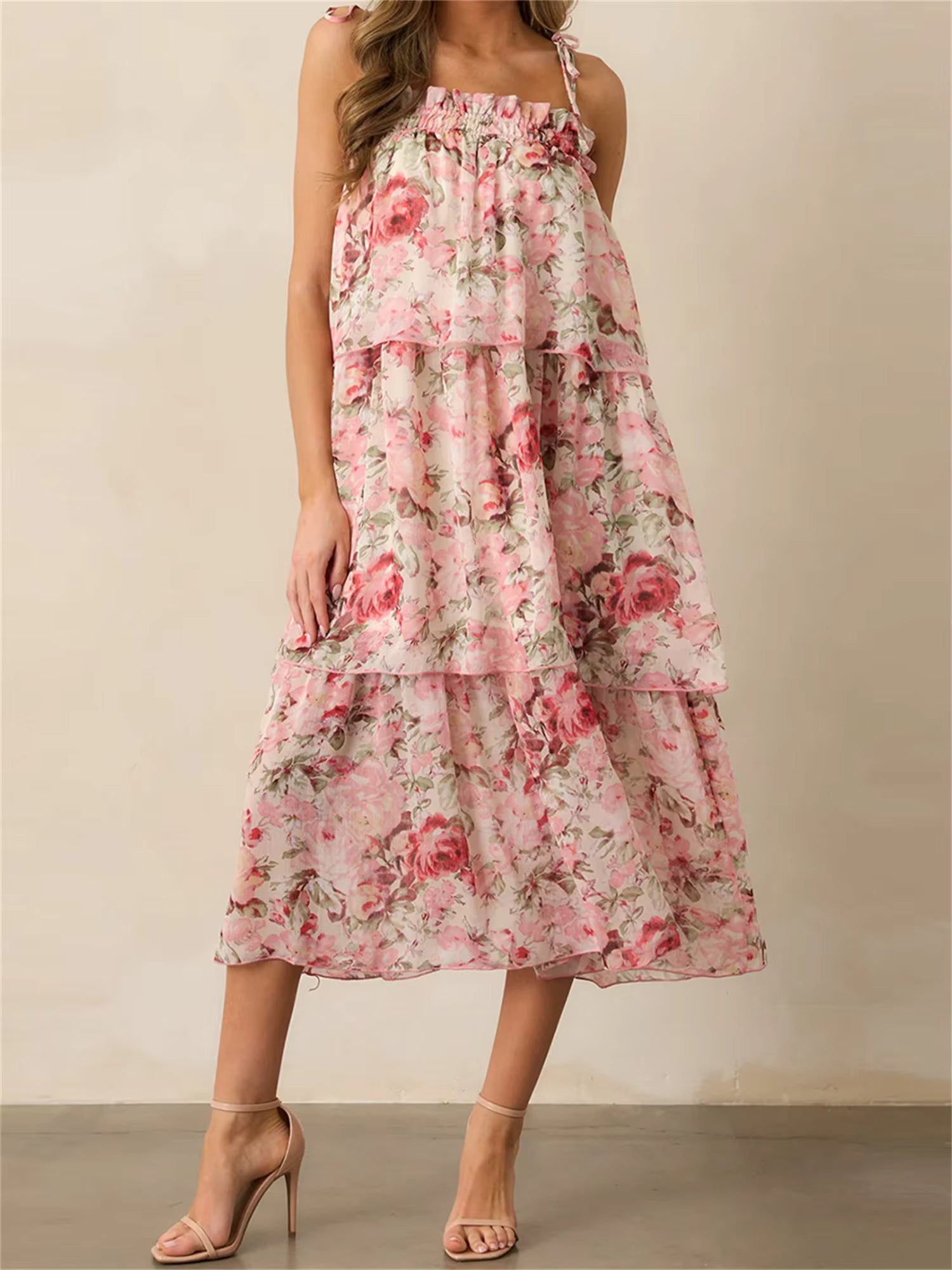 Bohemian Floral Print Sleeveless V-Neckline and Tiered Ruffle Hem Midi Dress