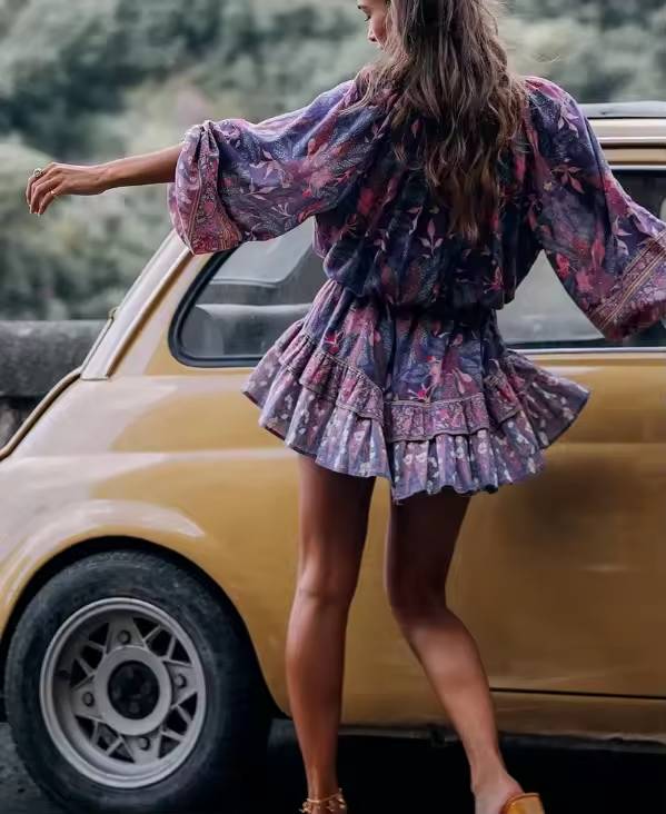 Bohemian Floral Print Tassel V-neck Long Sleeve Elastic Waist Rayon Mini Dress