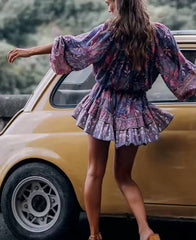 Bohemian Floral Print Tassel V-neck Long Sleeve Elastic Waist Rayon Mini Dress