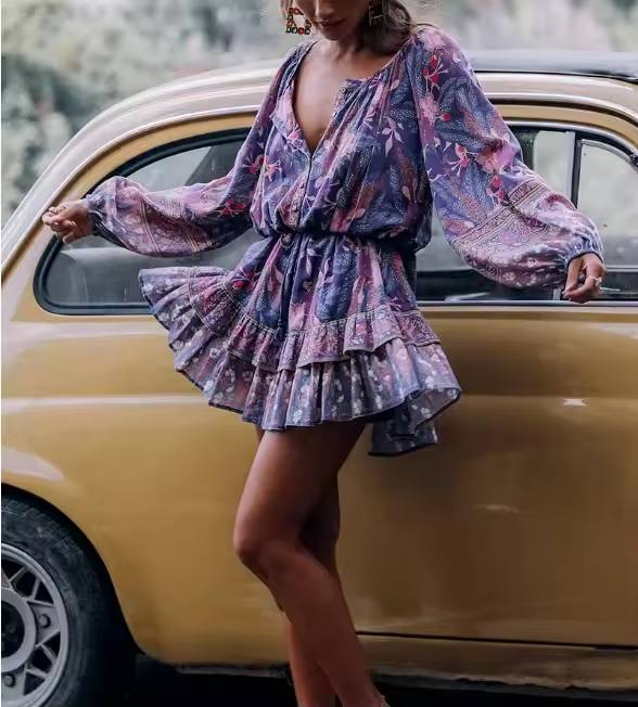 Bohemian Floral Print Tassel V-neck Long Sleeve Elastic Waist Rayon Mini Dress