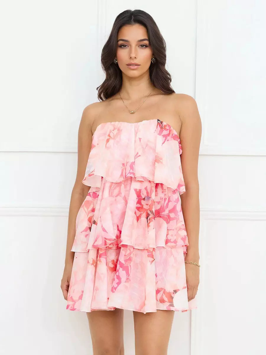 Bohemian Floral Print Tiered Strapless Layered Beach Style Mini Dress