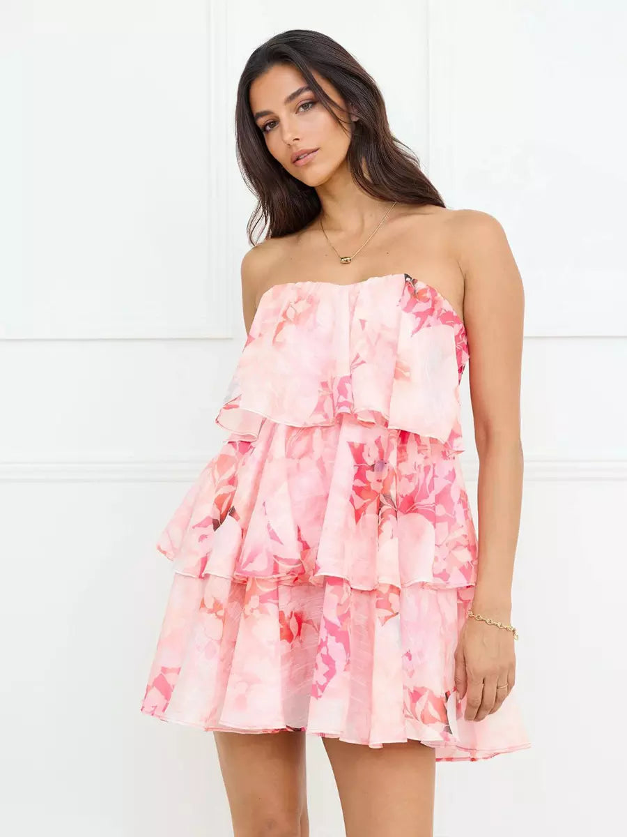 Bohemian Floral Print Tiered Strapless Layered Beach Style Mini Dress