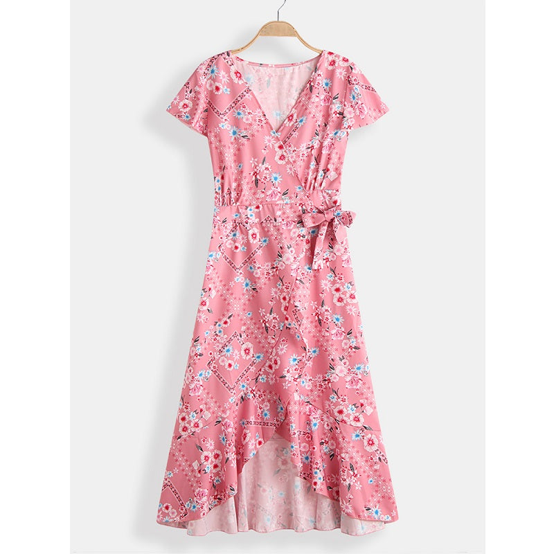 Bohemian Floral Print V-neck Drawstring Waist Short Sleeve Maxi Dress