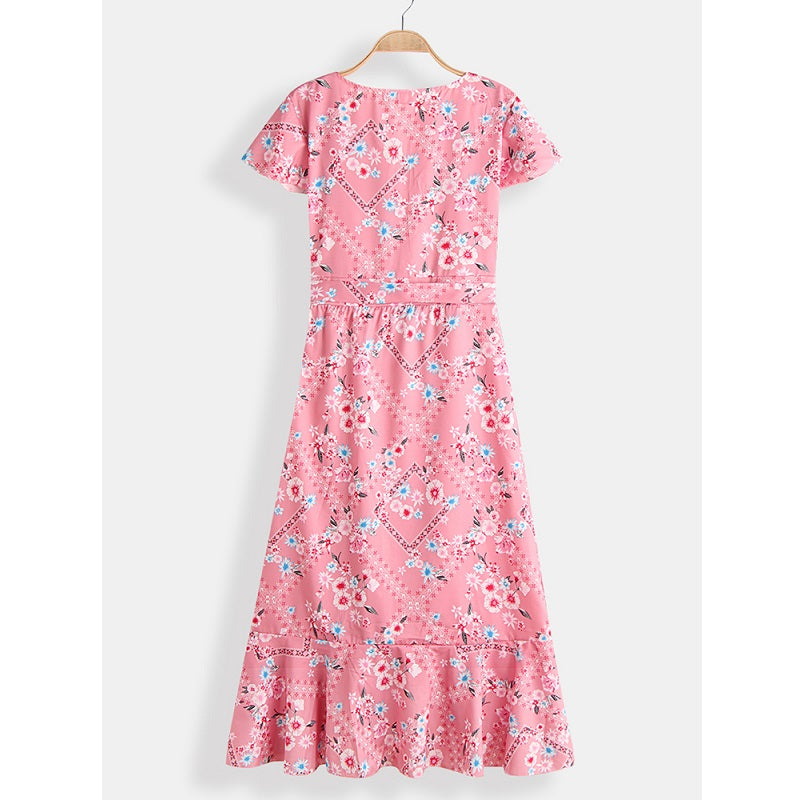 Bohemian Floral Print V-neck Drawstring Waist Short Sleeve Maxi Dress