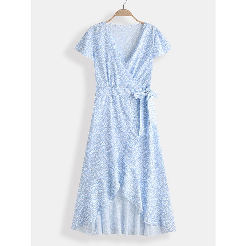 Bohemian Floral Print V-neck Drawstring Waist Short Sleeve Maxi Dress