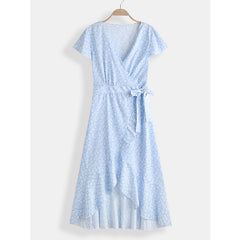 Bohemian Floral Print V-neck Drawstring Waist Short Sleeve Maxi Dress