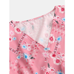 Bohemian Floral Print V-neck Drawstring Waist Short Sleeve Maxi Dress