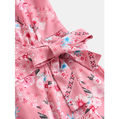 Bohemian Floral Print V-neck Drawstring Waist Short Sleeve Maxi Dress