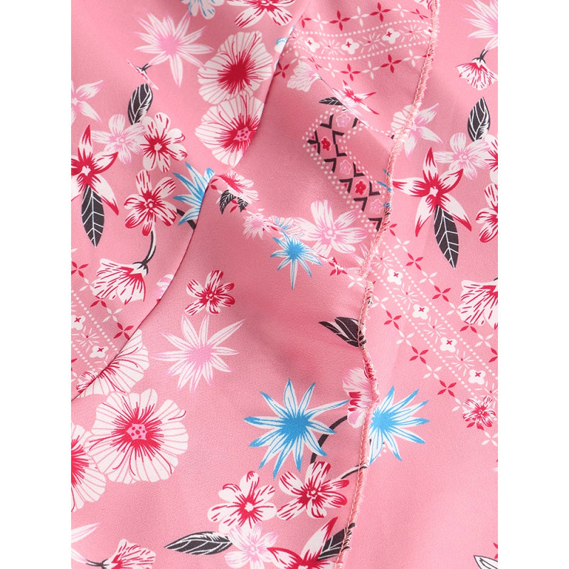 Bohemian Floral Print V-neck Drawstring Waist Short Sleeve Maxi Dress